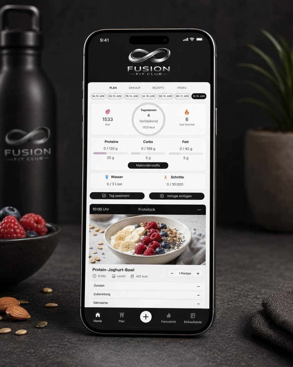 Fusion Fit Club Ernährungs-App auf dem Smartphone mit Tagesplan, Makronährstoffen und Rezept