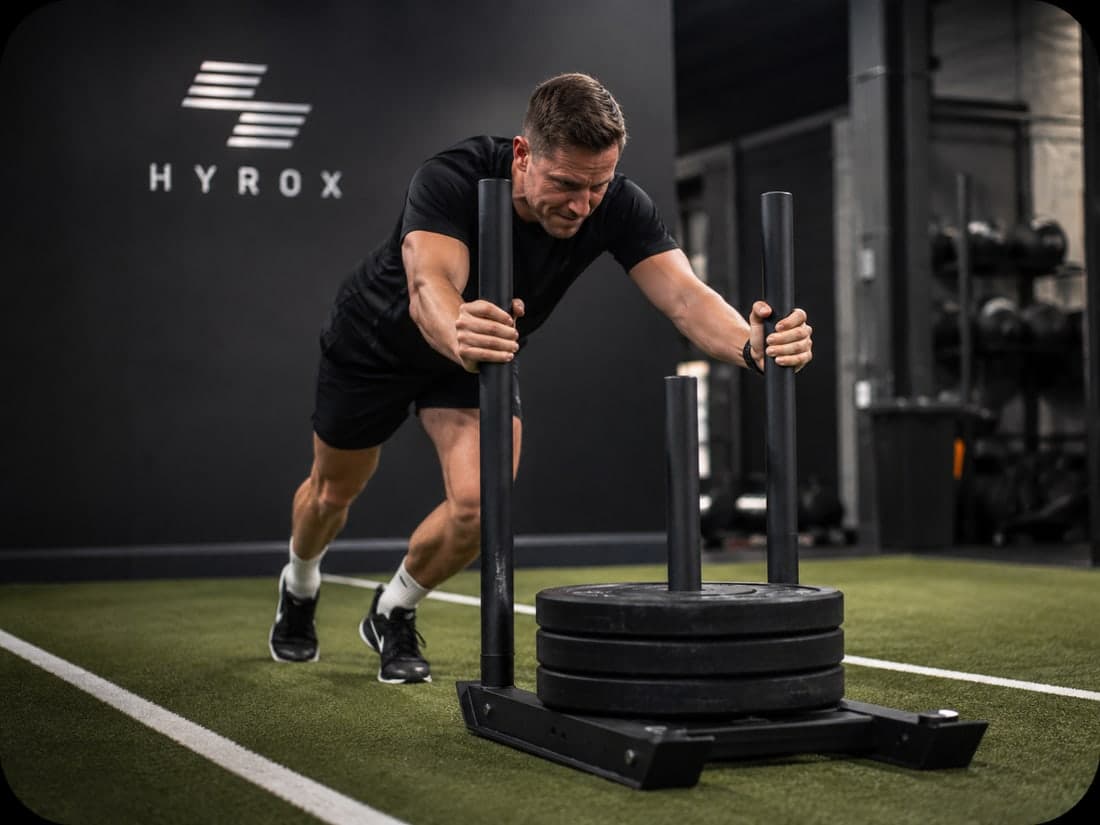 Athlet beim Sled Push vor der HYROX-Wand im Wettkampftraining des Fusion Fit Club