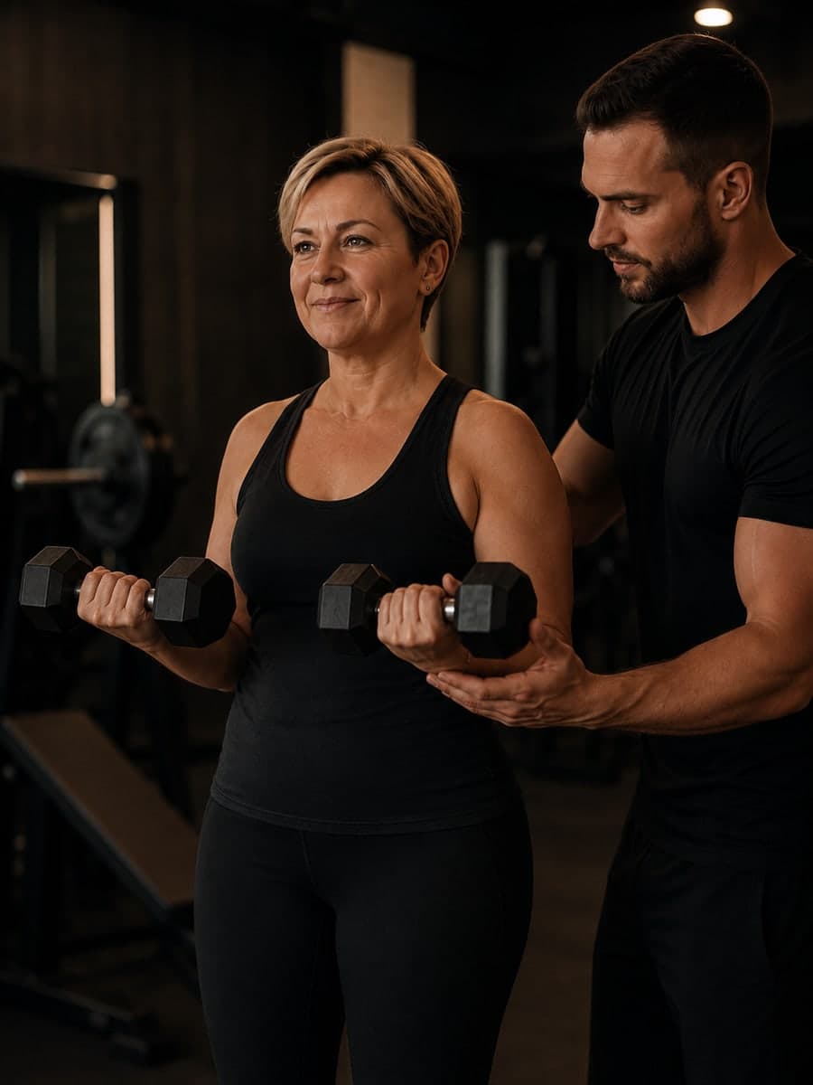 Claudia trainiert mit Kurzhanteln und der Unterstützung ihres Coaches im Fusion Fit Club