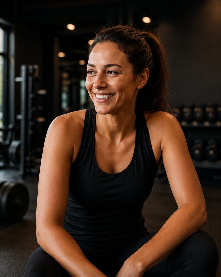 Maya lächelt entspannt beim Krafttraining mit Hanteln im Fusion Fit Club